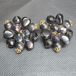 Vintage West Germany Black Glass Cluster Clip Earrings